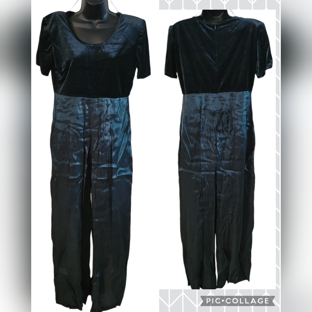 Vintage 90s Jumpsuit - Green Velvet top & shiny flare pants legs - sz 10  NEW